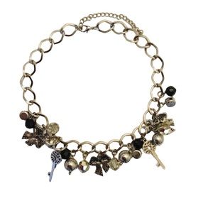 Silver Tone/Black Charm Choker Chain Necklace Sz OS